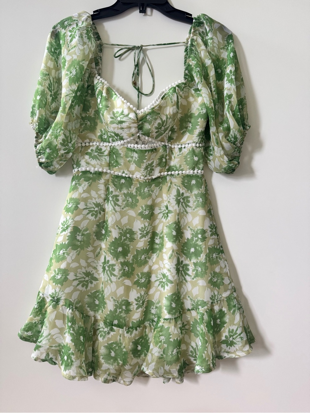 Hello Molly Green Floral Puff Sleeve Open Back Mini Dress XS